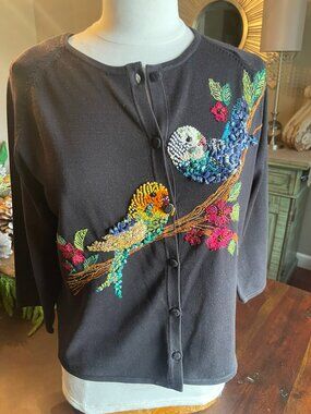 Vintage 1990's Michael Simon Embroidered Black Cardigan Size M